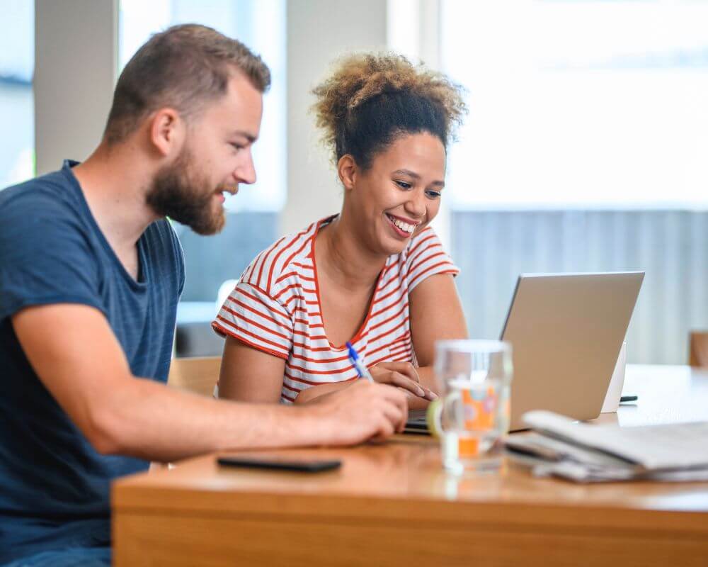 a guy and woman talking with excitement