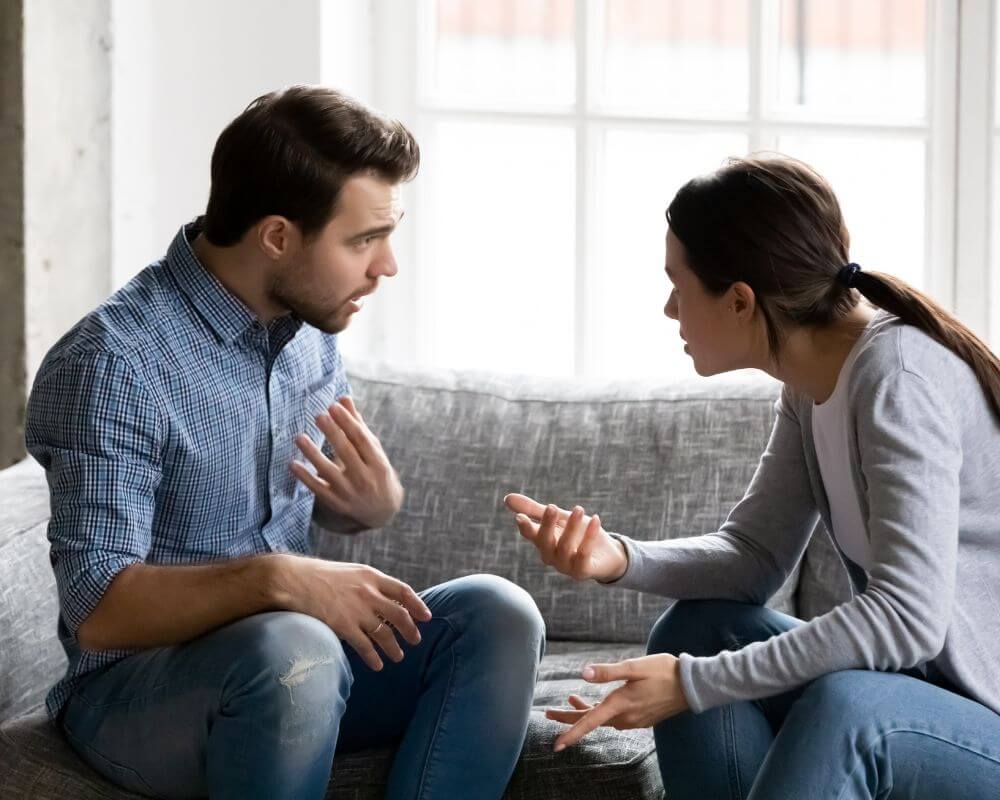 a narcissist man deflecting acting surprised when confronted by a woman